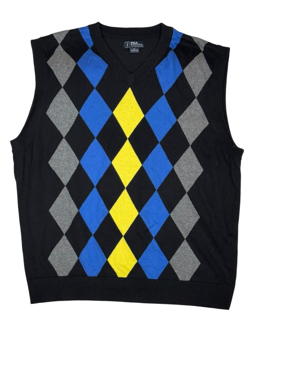 PGA Tour Mens XL Argyle Golf Sweater Vest V Neck Black Blue Yellow Country Club